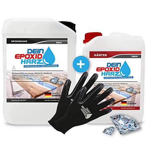 Dickschicht - Epoxidharz mit Härter | 9,6kg Set | Profi Qualität, ultraklar & geruchsarm | 10cm in einem Guß + Schutzhandschuhe Cover