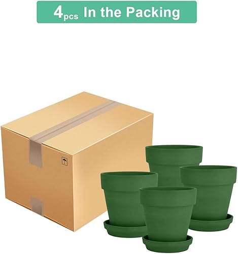 Miniatura 8 de vensovo Maceta de arcilla verde de 6 pulgadas con platillo, paquete de 4 macetas medianas de terracota con orificio de drenaje, maceta con bandeja,