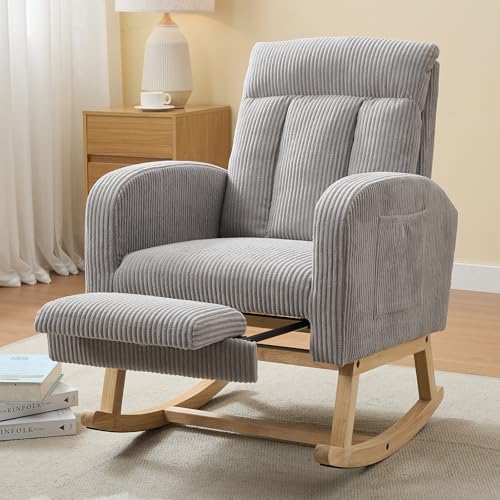 Image of NIOIIKIT Nursery Rocking Chair, Corduroy Upholstered Rocking Chair with Adjustable Footrest, Tufted Rocker Chair with Side Pocket, Glider Rocker for Living Room, Bedroom (Gray Casual)