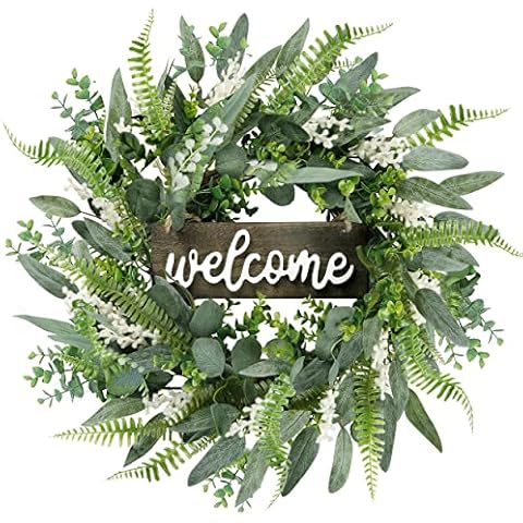 Sggvecsy Green Eucalyptus Wreath with Welcome Sign 20in Cover