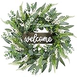 Sggvecsy Green Artificial Eucalyptus Wreath with Welcome Sign 20in Mixed White Berries Spring Summer Wreath for Front Door Wall Window Farmhouse Festival Porch Patio Garden Decor