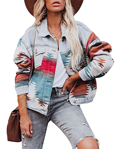 HangNiFang Aztec Denim Jacket Shacket for Women Button Down Vintage Distressed Blue Jean Jacket