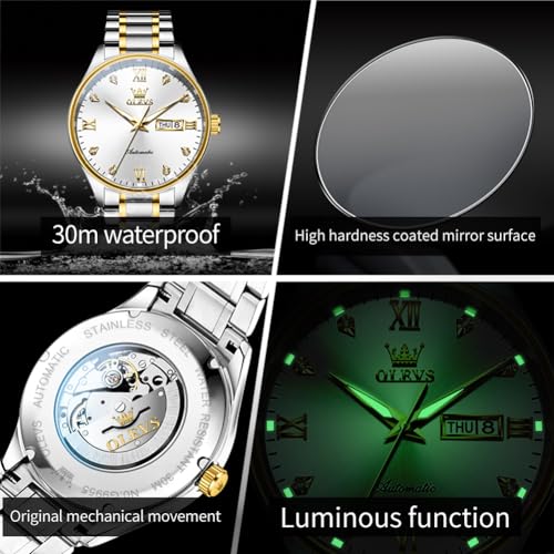 Image of OLEVS Automatic Watches for Men Self Winding Mechanical Classic Diamond Business Luxury Dress Stainless Steel Waterproof Calendar Mens Watch