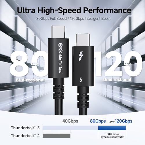 Image of Cable Matters [Intel Certified] 80Gbps Thunderbolt 5 Cable with up to 120Gbps Bandwidth Boost and 240W Charging - 1.2m / 3.9ft, Compatible with Thunderbolt 4, USB4, and USB C, Black