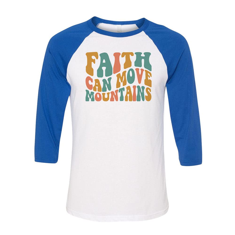 Retro Wavy Faith Can Move Mountains Three-Quarter Raglan Sleeve Baseball Shirt Unisex Medium White/Royal