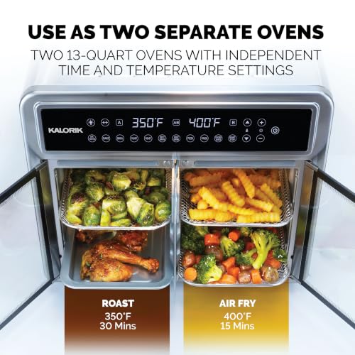 Image of Kalorik Air Fryer Oven MAXX Series 26-Quart Flex Trio with Digital Controls Dual Zone Easy-View Door and 14 Cooking Presets, Converts into Dual 13 Quart Air Fryers, 1700-Watts, Stainless Steel