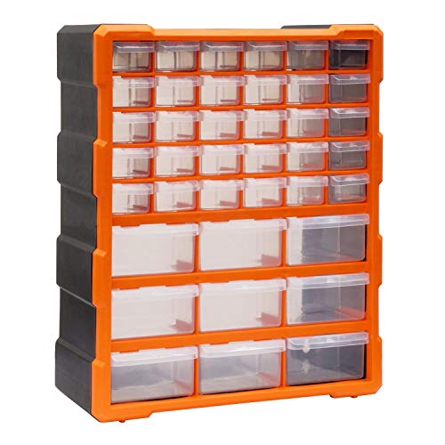 Bond Hardware 39 Drawer Organiser for DIY Tool Bits Plastic Storage Units - Workshop Screws and Small Parts Cabinet or Office Stationary Craft Box Black/Orange
