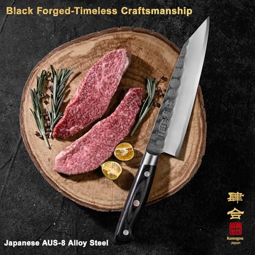 Image of kanngou Chef Knife, Black Forged Japanese Kitchen Knife with High Carbon Stainless Steel and Full Tang Pakkawood Handle, Christmas Gift with Premium Box (8.27 Inch Kiritsuke Knife)