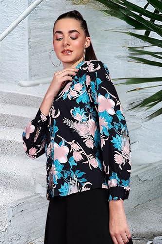 Image of POPWINGS Women Casual Sky Blue Floral Printed Shirt | Collar Button Shirt | Full Sleeve Shirt | Trendy Shirt | Regular Casual Shirt