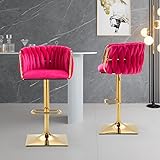 Kurhwyss Velvet Bar Stools Set of 2, Swivel Counter Height Barstools with Woven Back, Modern Adjustable Bar Chairs with Gold Base for Kitchen Island, Bar Counter, Cafe, Pub (Rose Red)