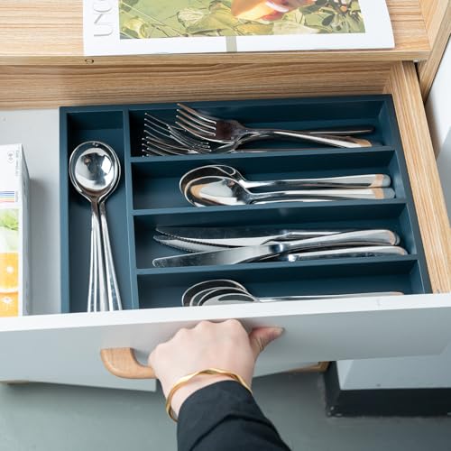 Fibogollo Silverware Organizer Bamboo Kitchen Drawer Organizer Kitchen Utensil Organizer with 5 Slots Flatware Organizer Tray for Kitchen, Flatware, Utensils（Blue） - Thumbnail 2
