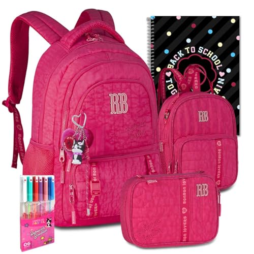 Kit Mochila RB Rebecca Bonbon Crinkle Escolar Lancheira Estojo Meninas Resistente Infantil Juvenil (Rosa)