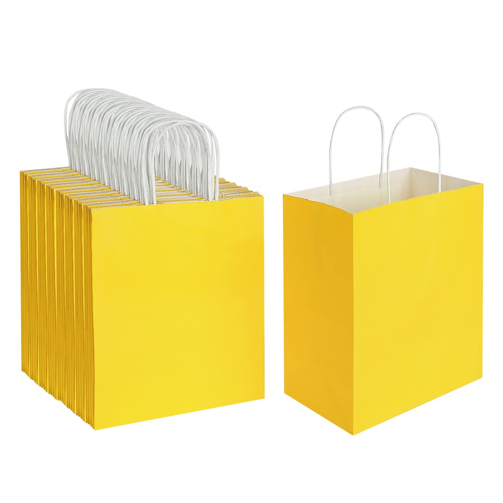 Oikss 100 Pack 8x4.75x10 Inch Medium Yellow Kraft Paper Bags with Handles Bulk for Birthday Wedding Party Favors Grocery Retail Shopping Business