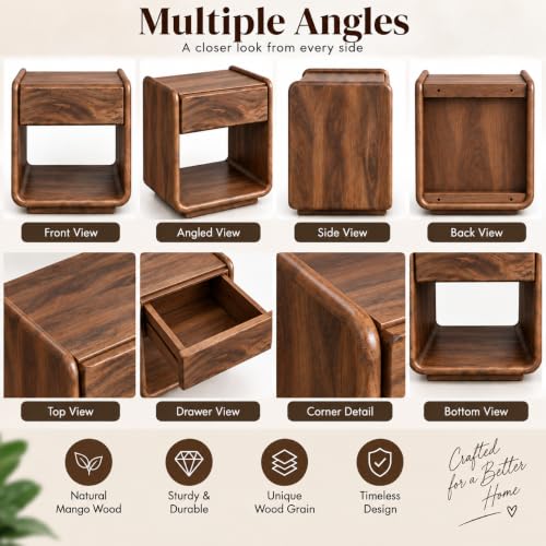 Image of Solid Wood Bedside Table for Bedroom | Wooden Nightstand Lamp Table with Drawer & Open Shelf Storage for Home & Hotels