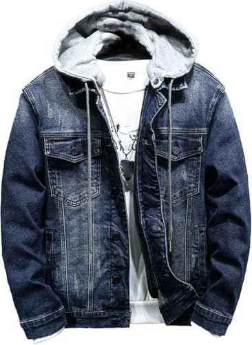 Hoodie Jean Jacket for Men Distressed Trucker Outwear Long Sleeve Slim Fit Casual Denim Jacket with Hood (X-Large,Blue 2)
