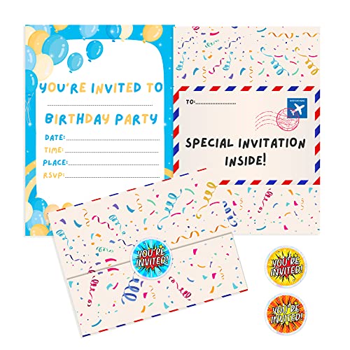 BestaFiesta 36 Kids Childrens Birthday Party Invitations Kids Invites with Folding Envelope Design and Holographic Stickers (Blu