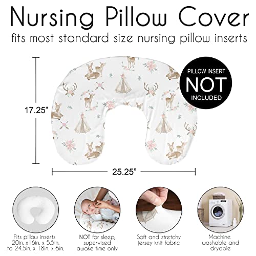 Image of Sweet Jojo Designs Woodland Deer Floral Nursing Pillow Cover Breastfeeding Pillowcase for Newborn Infant Bottle Breast Feeding Pillow NOT Included - Blush Pink Mint Green Boho Watercolor Forest Animal