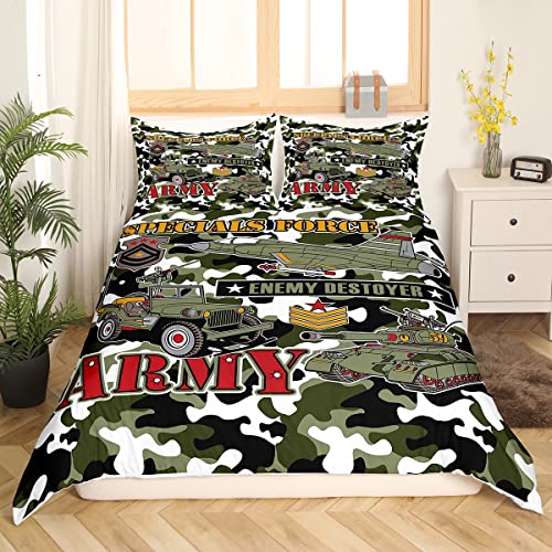 Camouflage Comforter Cover Tank Camo Car Aircraft Bedding Sets For Kids Boys Bedroom Decor Military Vehicle Duvet Cover Set Army Fighter Flight Bedspreads Cover With 2 Pillow Cases Queen Size #TOP1