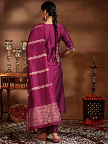 Image of Libas Womens Embroidered Silk Blend Straight Kurta With Trousers and Dupatta | ethnic wear | bridal suit | wedding dress | occasion wear