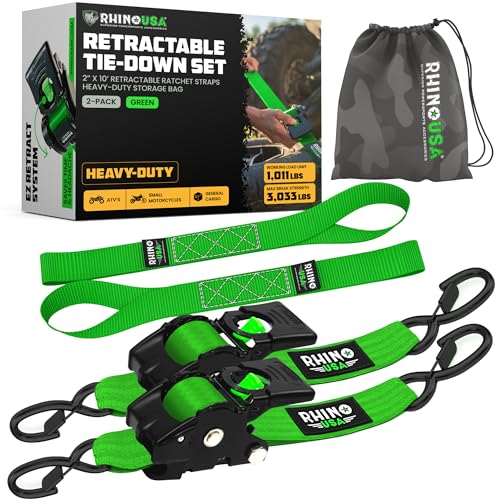 Image of Rhino USA Retractable Ratchet Straps (2-Pack) - 2 Inch x 10 Feet (3,033lb Break Strength) - Heavy Duty Auto Self Retracting Tie Down Straps for Truck, Cargo Trailer, Motorcycle, Rad & More - Green