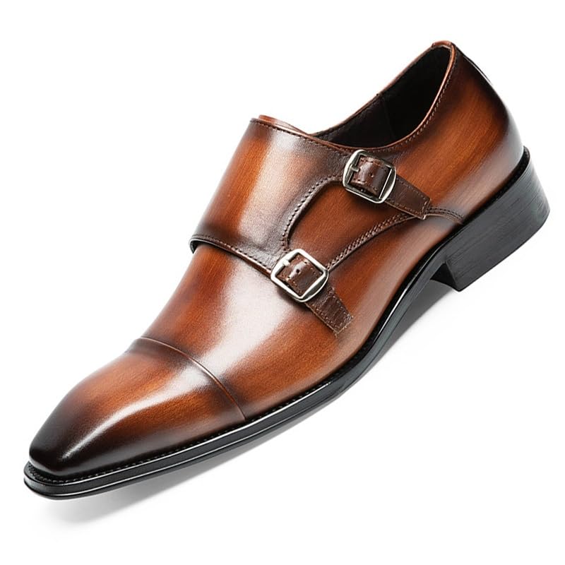 Men's Oxfords Business Dress Shoes Men's Shiny Patent Leather Suit Tuxedo Shoes Double Monk Strap Dress Shoes Pointed Toe Leather Oxford Formal Business Casual Cap Toe Dress Shoes for Men(Brown,8.5)