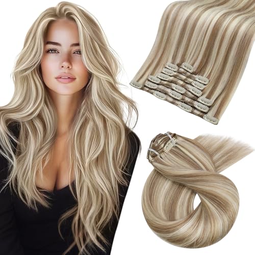 Image of Moresoo Long Hair Extensions Clip ins Blonde Highlights Medium Brown with Platinum Blonde Double Weft Human Hair Clip in Extensions Highlights Brown with Blonde for Party 120g /7pcs 24in