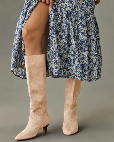 Coutgo Womens Knee High Boots Kitten Heel Pointed Toe Long Boots Pull On Suede Winter Dress Shoes3