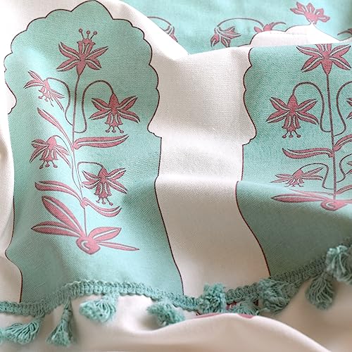 Image of Tranquebar Curtain Co. Cotton Curtains 7 Feet Long Set of 2, 60-65% Room Darkening, Turquoise Mughal Arch Floral Print, Door Curtains 7 Feet Set of 2, BackTabs, Taj (213 cm) - Set of 2