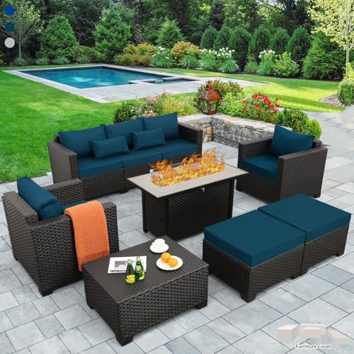 Outdoor Patio Furniture 60000 BTU Outdoor Propane Fire Pit Table Patio Furniture Set 45 In Outdoor Fire Pits 7 Pieces Patio Sofa Outdoor Chairs Anti-slip Cushions Waterproof Covers, Peacock Blue