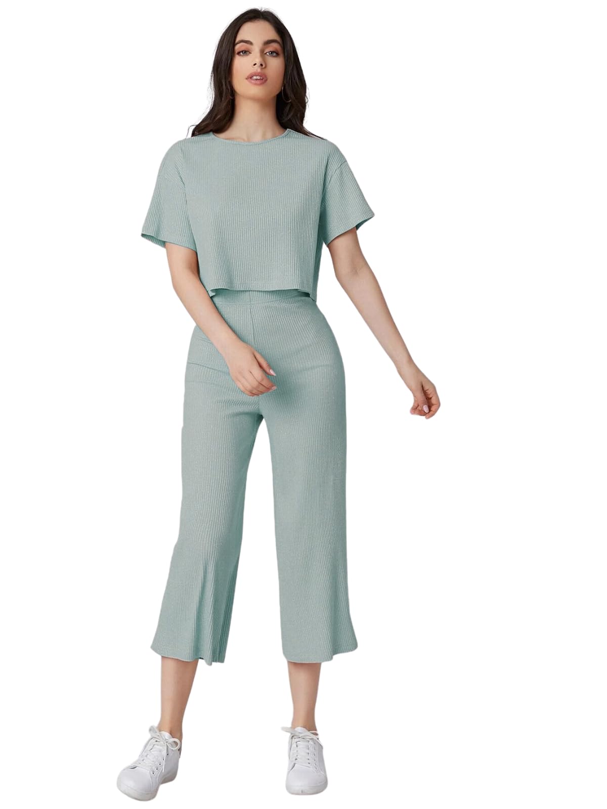 Dhruvi Trendz Womens Ribbed Pyjama Sets Regular Fit Co-Ord Set (Dt-W1787&Tr846_Turquoise_S)