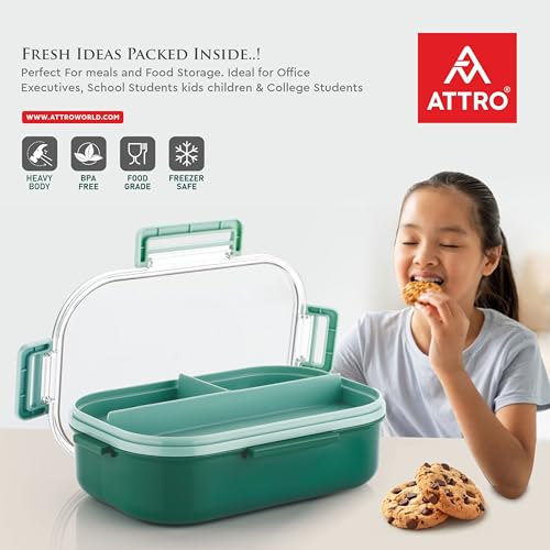Image of ATTRO Carry Fresh Kids Plastic Lunch Box 3 Compartments & Fork, BPA-Free, Food-Grade, Ideal for School, Picnic, Travel & Outdoor Use- Green, 500 ml