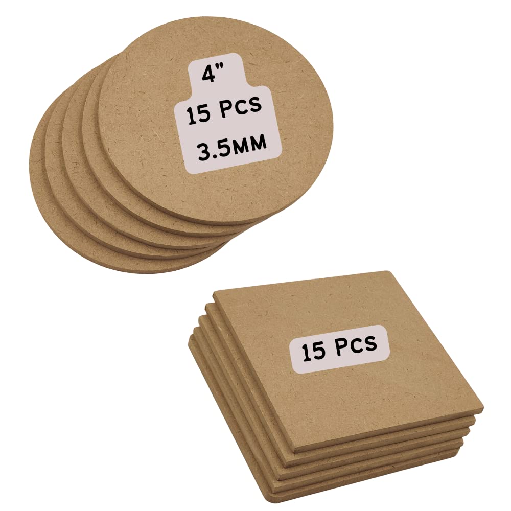 CRAFTER60 DIY MDF Blank Coasters for Art & Craft 4 inch Round & Square 30 Pieces Combo Pack Thickness 3.5MM (Round 4 inch, 30)