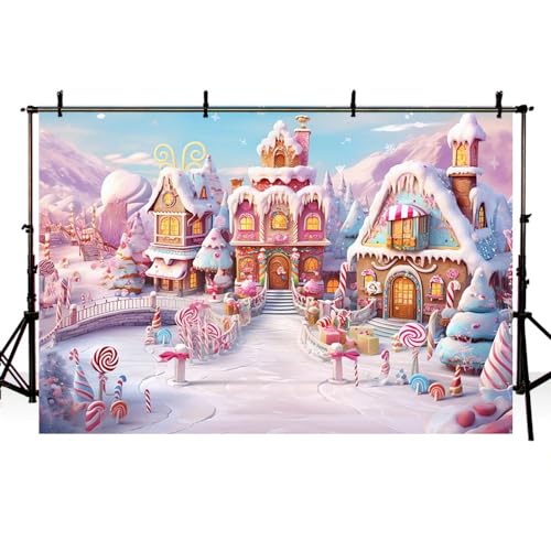 MEHOFOND Telón de Fondo de Nieve de Invierno 7x5 Pies - Fotografía, Navidad, Pan de Jengibre, Casa Rosa, Caramelo - Cumpleaños, Fiesta Familiar, Decoración de Pancarta