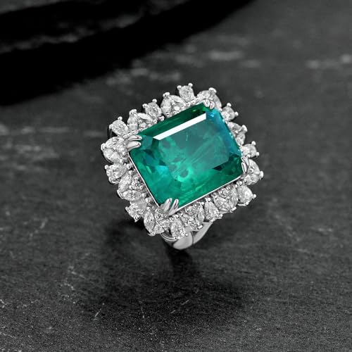 4/9 Carat Rectangular Natural Green Emerald Rings in 14K Solid Gold over S925,with Moissanite Halo, Engagement Promise Band for Women Ladies3