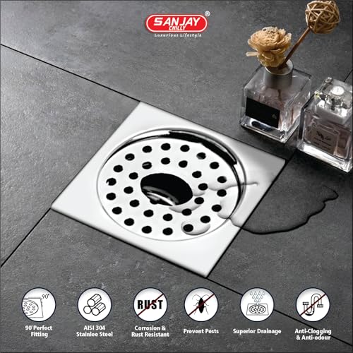 Image of SS Floor Drain with Pipe Hole 304 Grade Bathroom Gratings Water Drain Strainer Kitchen Sink Bathtub Laundry & Toilet Cover Drain Jali (Square Gypsy Silver 4x4 INCH)