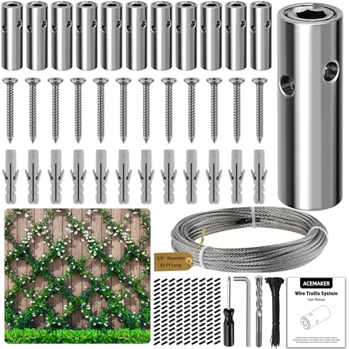 Acemaker Wire Trellis for Climbing Plants Outdoor 12-Set Wall Wire Trellis Kit with 1/8in x 53ft Stainless Steel Cable T316 Cylindrical Espalier System for Fence and Garden DIY Projects