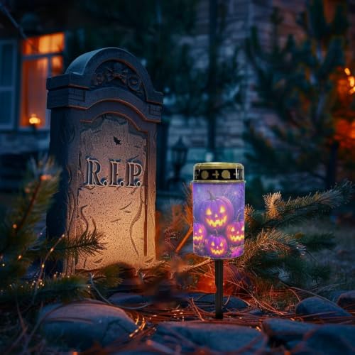 Image of Poceacles Halloween Solar Candle Cemetery Solar Lights for Grave LED Garden Flameless Powered Pathway Lights Outdoor Waterproof with Dusk to Dawn Sensor, Pumpkin Violet, Set of 2