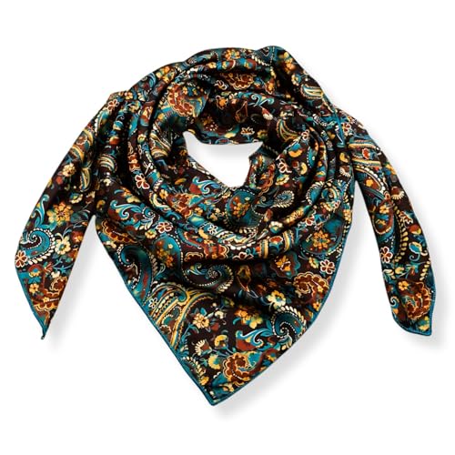 Wild Rag Silk Scarf 36'', Western Cowboy Bandana Square Silky Wild Rags,Teal,Brown &Black Classic Paisley Tribal Scarves for Men & Women