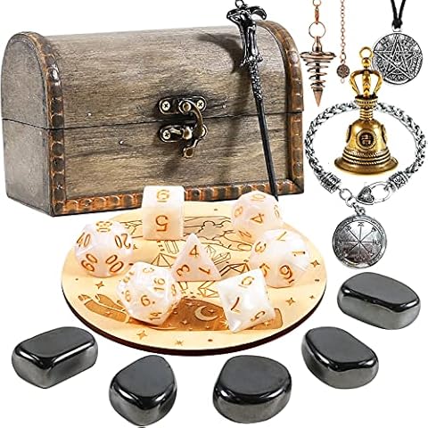 hexerhan 19pcs Healing Crystal Set: Hematite Stones, Astrology Dices, Solomon Necklace and Bracelet, Magic Scepter, Magic Divination Bell with Delicate Wooden Box, for Beginners/Meditaion/Yoga Cover