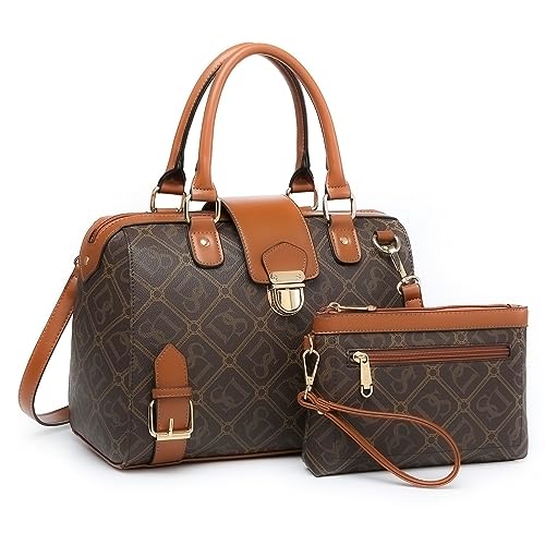 Dasein Women Barrel Handbags Purses Fashion Satchel Bags Top Handle Shoulder Bags Vegan Leather Work Bag (DS monogram coffee)