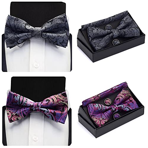 Conjunto de corbata de moño floral Paisley con pañuelo y gemelos para hombres miniatura 3