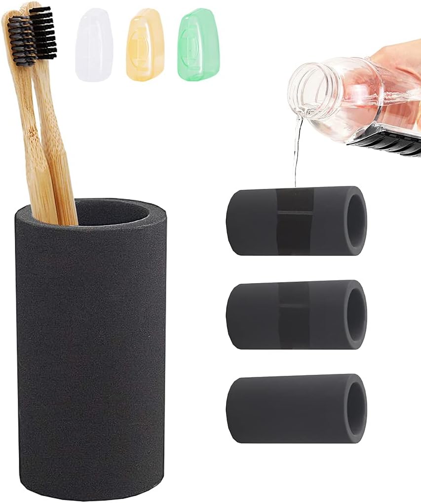 Black Toothbrush Holder for Bathroom, Water Absorption Fast Drying Diatomite Toothbrush Holders for Electric Toothbrush Toothpaste Shaver Razor (Black+3covers)