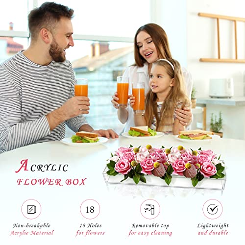 Clear Acrylic Flower Vase Rectangular Floral Centerpiece For Dining Table - 17.7 Inches Long Acrylic Floral Vase (18 Holes), Low Flower Vases For Centerpieces For Home Decor Weddings #TOP5