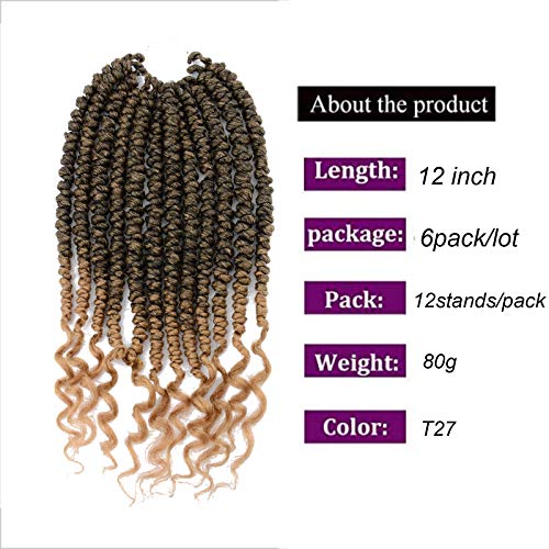Spring twist crochet hair curly end 12inch Senegalese twist crochet braids 6packs Synthetic Braiding Hair Extension (12inch6piece, T27)