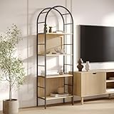 Stead 4-Tier Arched Book Shelf - Metal Frame Industrial Bookshelf - Arched Bookcase with Natural Rattan Backing - Open Tiered Display Shelf for Decor & Books - 23.25 x 12 x 70 in, Light Oak & Rattan