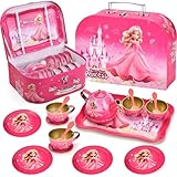 Lajeje 19-Piece Princess Tea Party Set for Girls, Pretend Play Tin Tea Set with Carrying Case, Kids Party Toys for 3-6 Year Olds