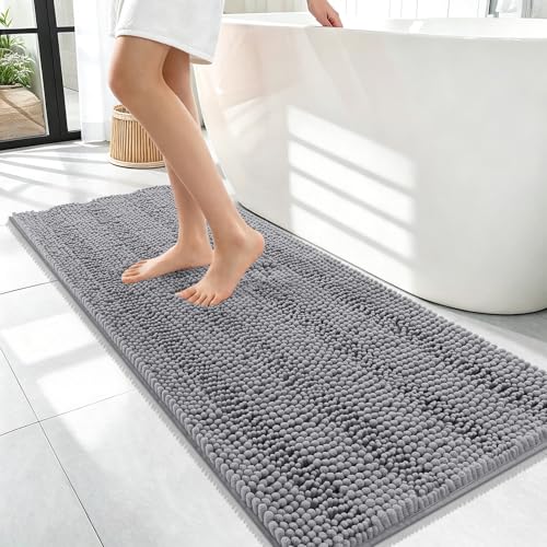 Image of OLANLY Thick Bathroom Runner Rugs 47x17, Extra Absorbent Chenille Striped Bath Rugs, Rubber Backing, Machine Wash Dry, Long Bath Mats for Bathroom Floor, Tub and Shower, Home Decor Accessories, Grey