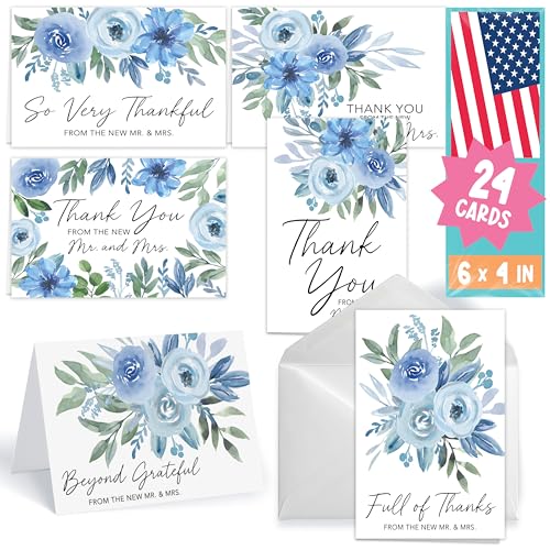 Cartes de remerciement de mariage avec enveloppes Hadley Designs au style floral bleu élégant