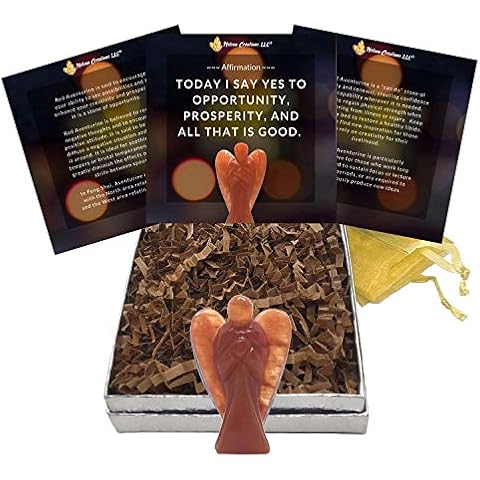 Nelson Creations, LLC Gift Set with 2 Inch Red Aventurine Angel Hand-Carved Natural Gemstone Crystal Healing Figurine Statue, Laminated Affirmation Card and Gemstone Information Card Cover