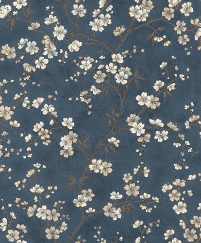 Rasch 456738 Papier peint intissé bleu avec petites fleurs de cerisier en blanc et beige, 10,05 m...